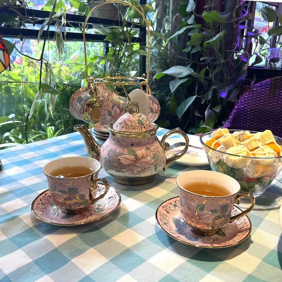 European Floral Tea Set with Holder