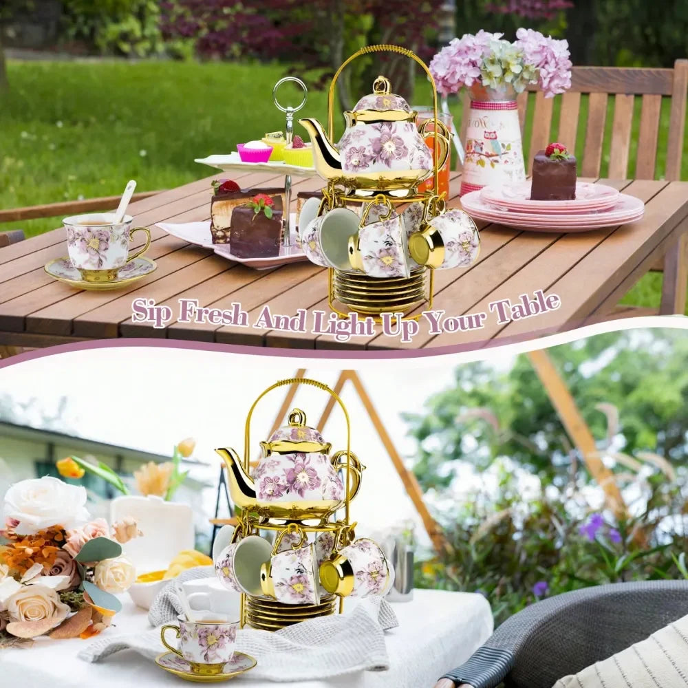 Floral Porcelain Tea Set with Stand