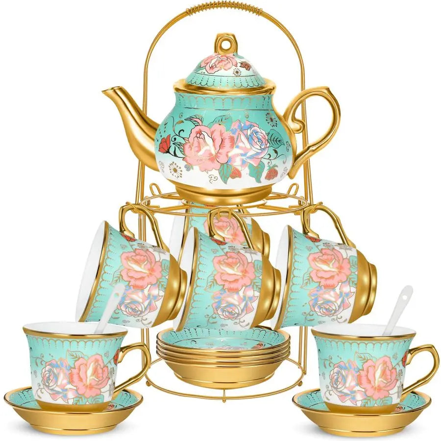 Floral Porcelain Tea Set with Holder