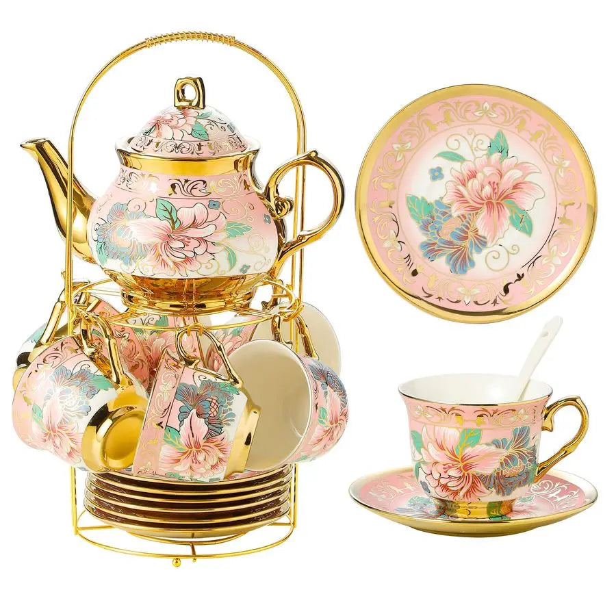 European Floral Tea Set with Holder