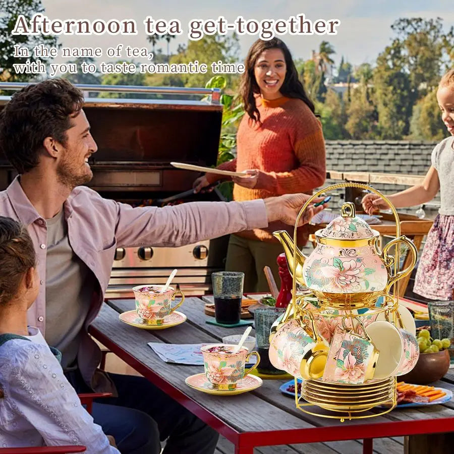European Floral Tea Set with Holder
