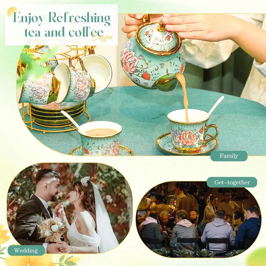 Floral Porcelain Tea Set with Holder