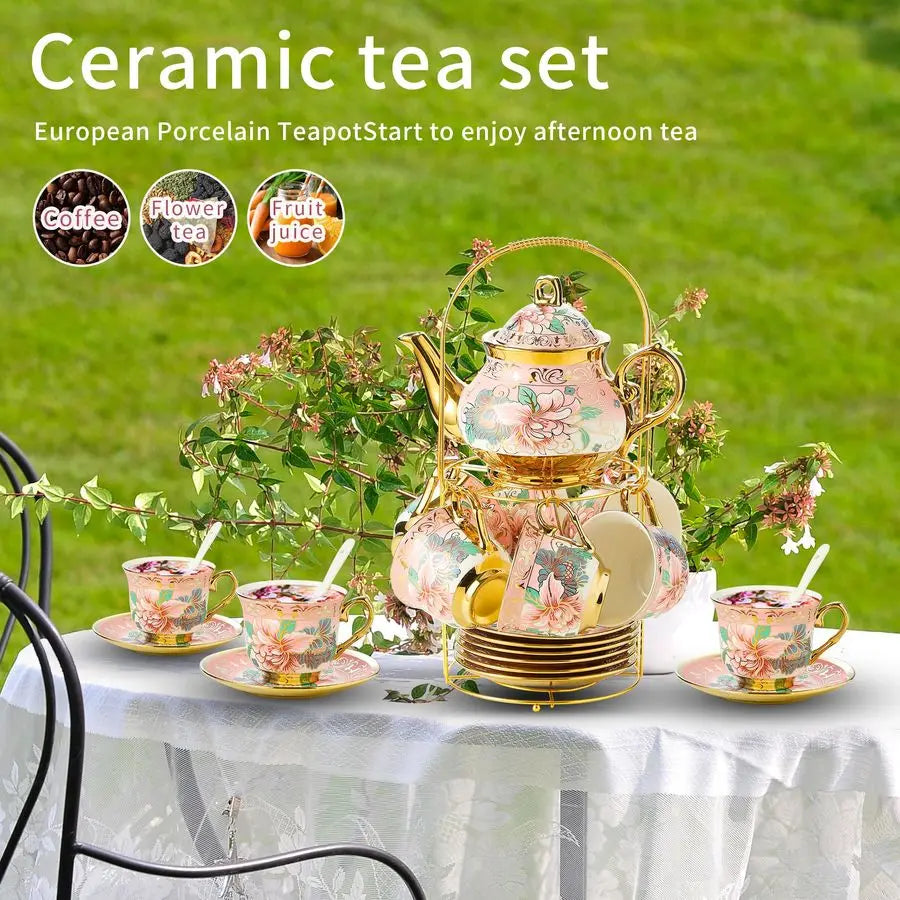 European Floral Tea Set with Holder