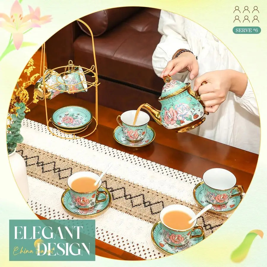Floral Porcelain Tea Set with Holder